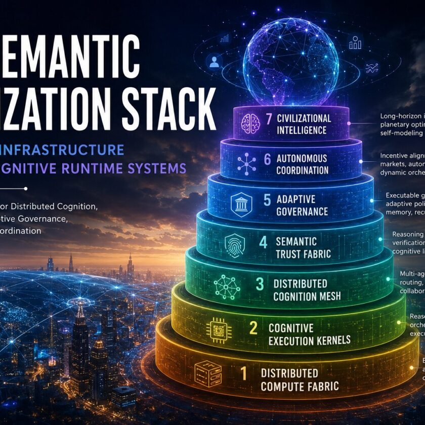 Semantic Civilization Stack showing distributed cognition, semantic trust, adaptive governance, and autonomous coordination layers