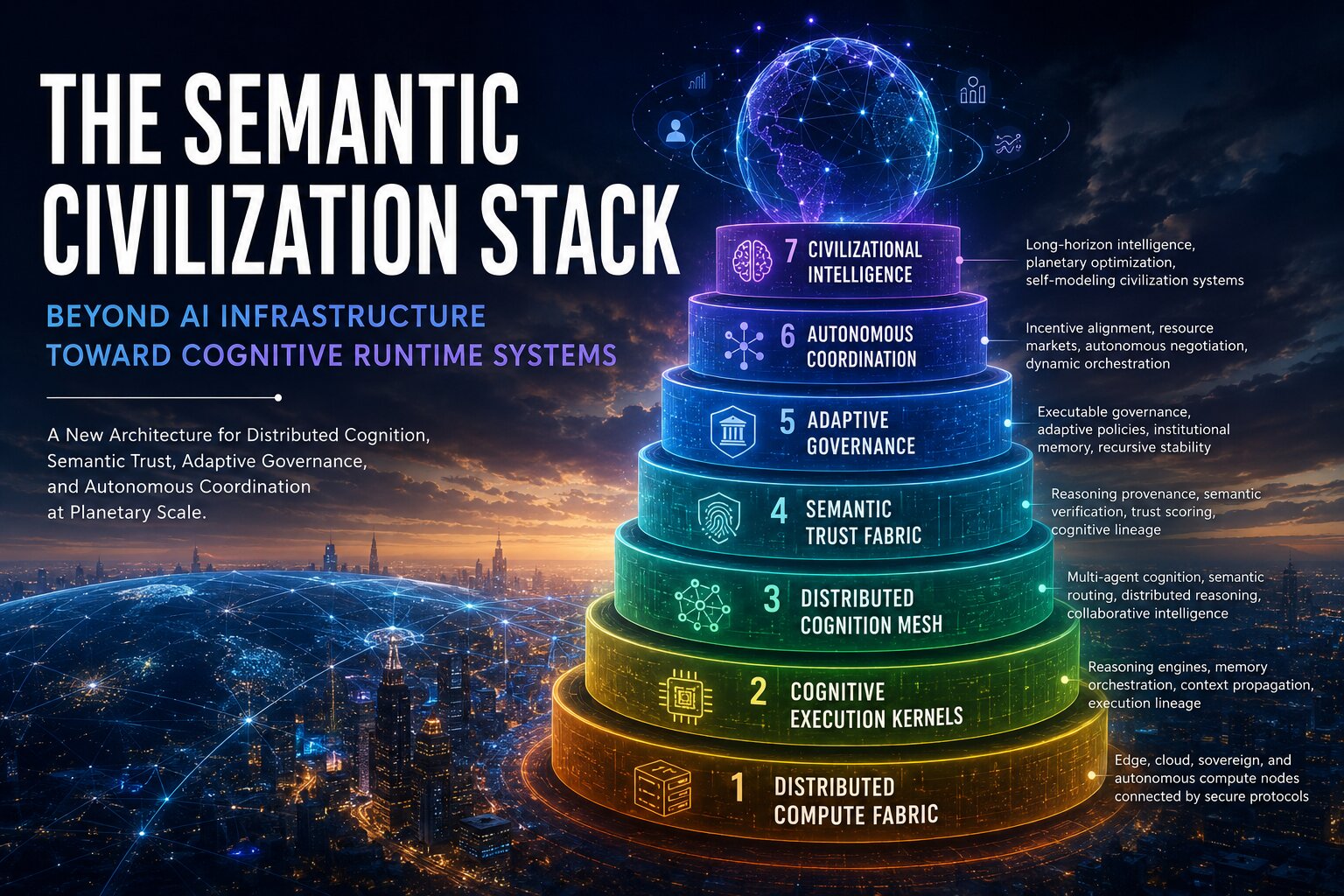 Semantic Civilization Stack showing distributed cognition, semantic trust, adaptive governance, and autonomous coordination layers