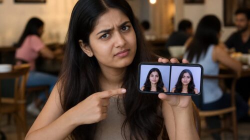 Young Indian woman comparing two similar photos on phone to learn deepfake pehchanne ka tarika