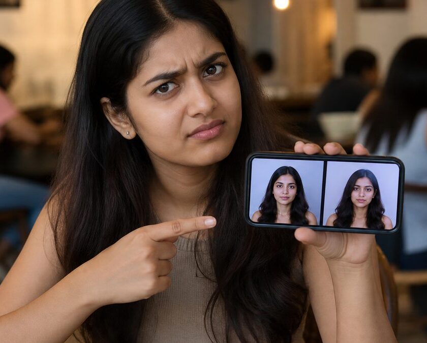 Young Indian woman comparing two similar photos on phone to learn deepfake pehchanne ka tarika