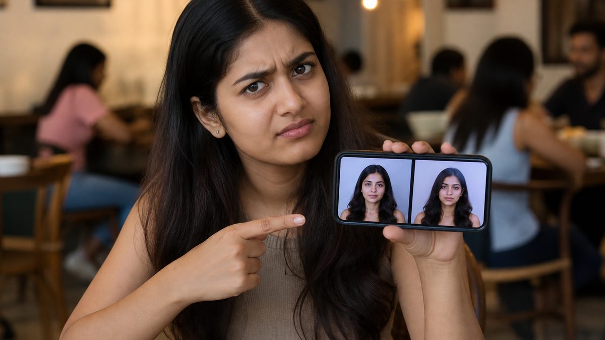 Young Indian woman comparing two similar photos on phone to learn deepfake pehchanne ka tarika