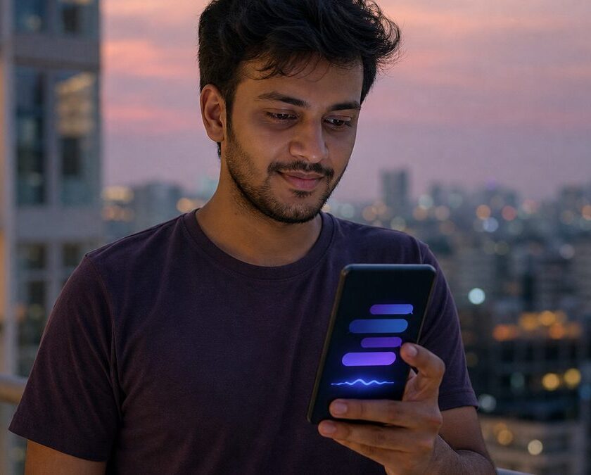 Young Indian man checking Google Gemini kya hai Hindi on a smartphone at dusk