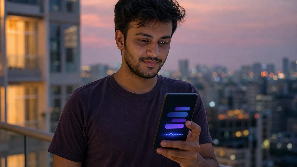 Young Indian man checking Google Gemini kya hai Hindi on a smartphone at dusk