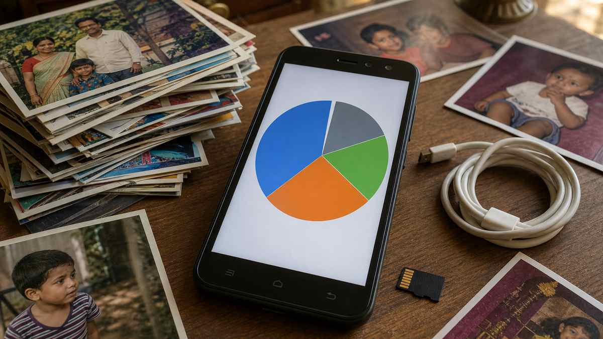 Phone storage full nahi hai phir bhi warning — Android storage pie chart, photos aur microSD card