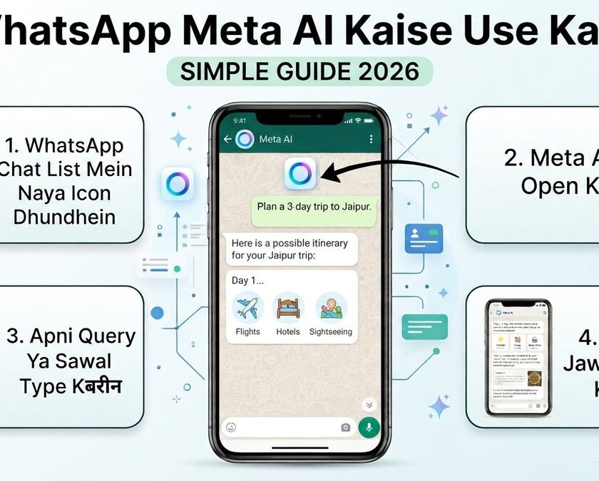 WhatsApp Meta AI kaise use kare 4 steps - chat list icon, chat open, query type, instant jawab - Hindi guide 2026