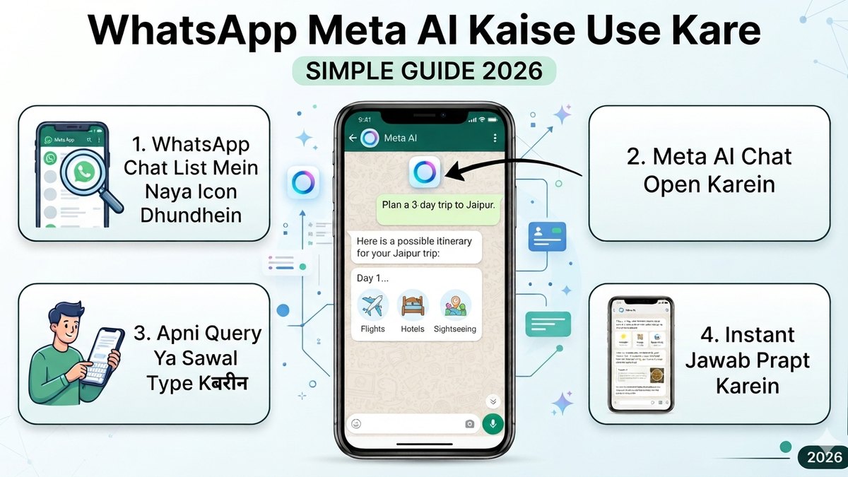 WhatsApp Meta AI kaise use kare 4 steps - chat list icon, chat open, query type, instant jawab - Hindi guide 2026