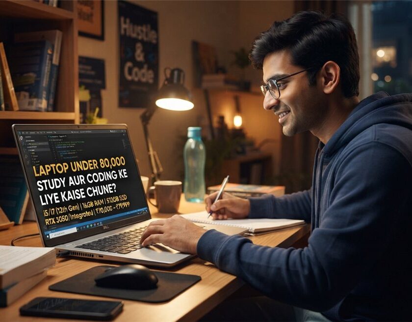 Generated illustration mein student study desk par laptop aur notebook ke saath